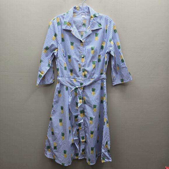Chloe + Rene Striped Button Up Pineapple Print Dress Blue & White Size Medium - Picture 1 of 8